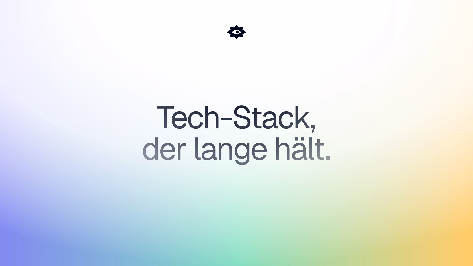 Keyvisual mit dem Titel „Tech-Stack, der lange hält.“ auf einem Farbverlauf von Blau/Violett über Grün nach Gold