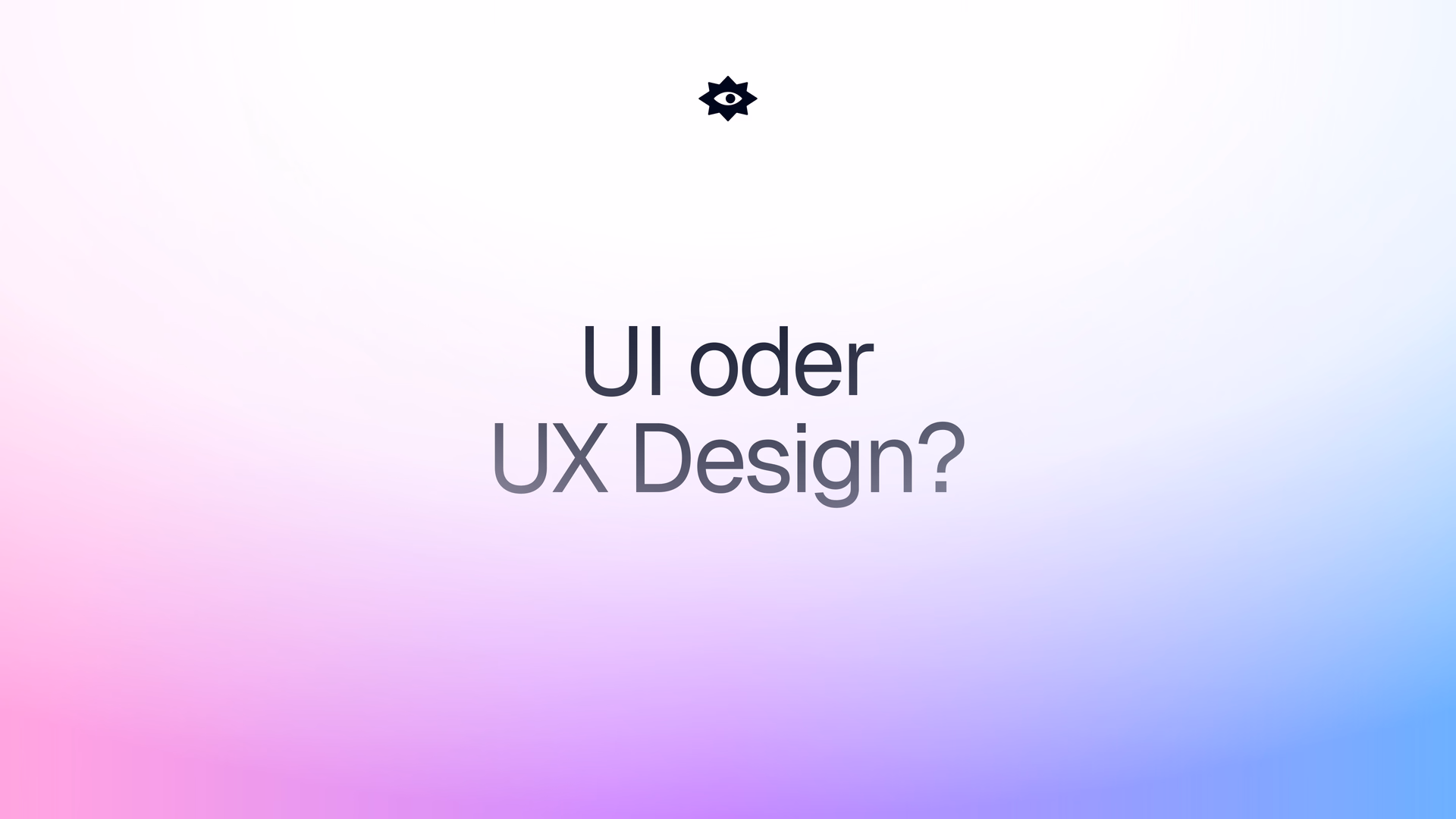 Keyvisual mit dem Titel „UI oder UX Design?“ auf einem Farbverlauf von Pink nach Blau-Violett