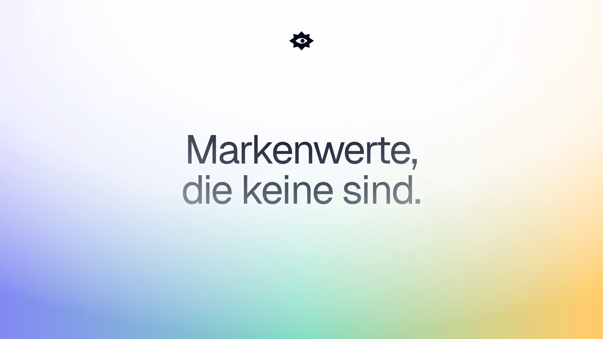Keyvisual des Artikels mit dem Titel „Markenwerte, die keine sind.“ auf einem Verlauf von Blau über Grün nach Gold