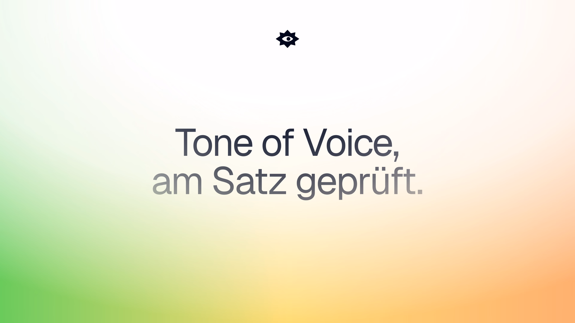 Keyvisual mit dem Titel „Tone of Voice, am Satz geprüft.“ auf einem Farbverlauf von Violett nach Magenta/Pink