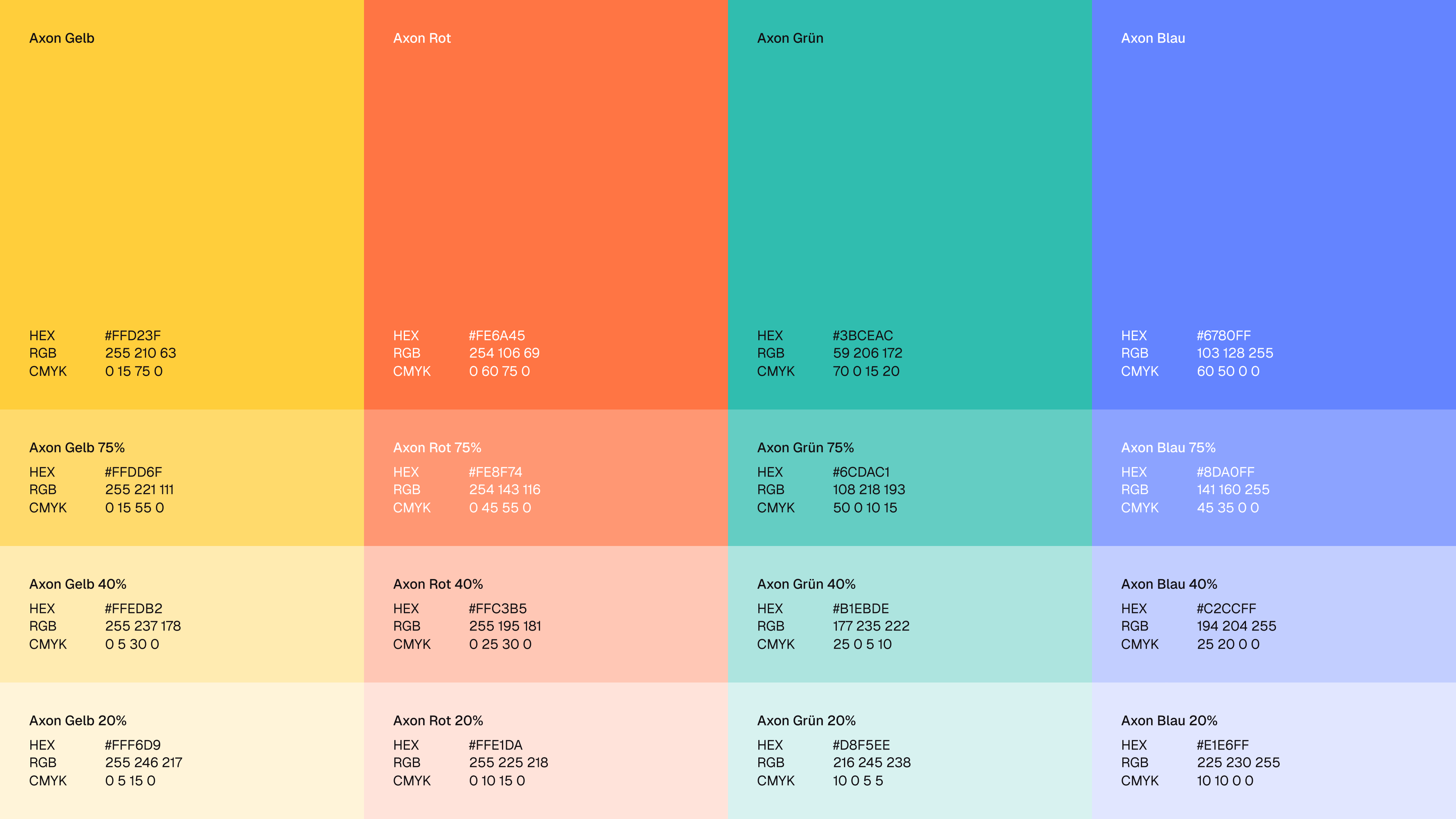 Farbpalette der vier Produktfarben Gelb, Rot, Grün und Blau mit ihren Abstufungen