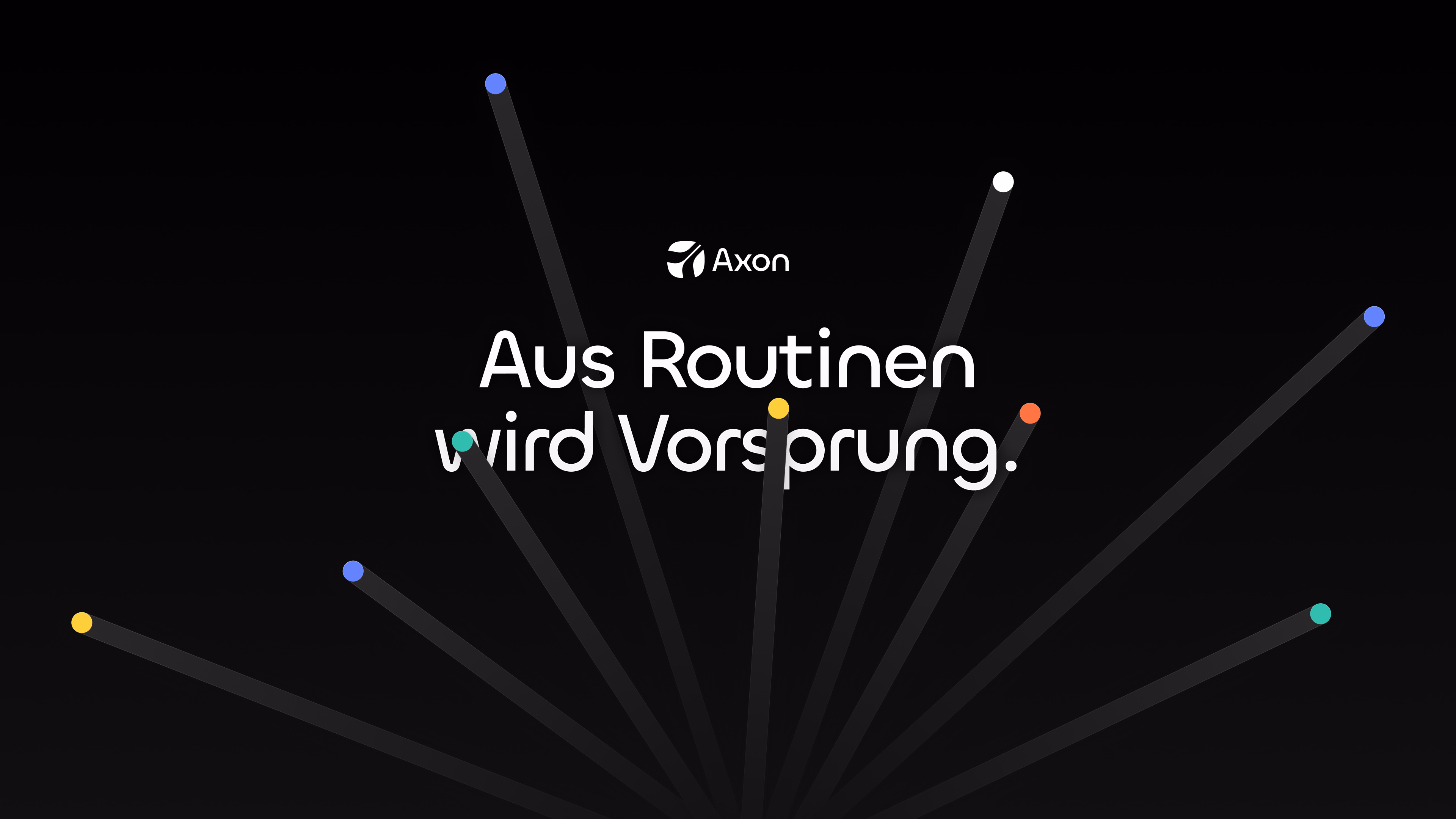 Markenmotiv „Aus Routinen wird Vorsprung.“ weiß auf Schwarz, dahinter der Burst