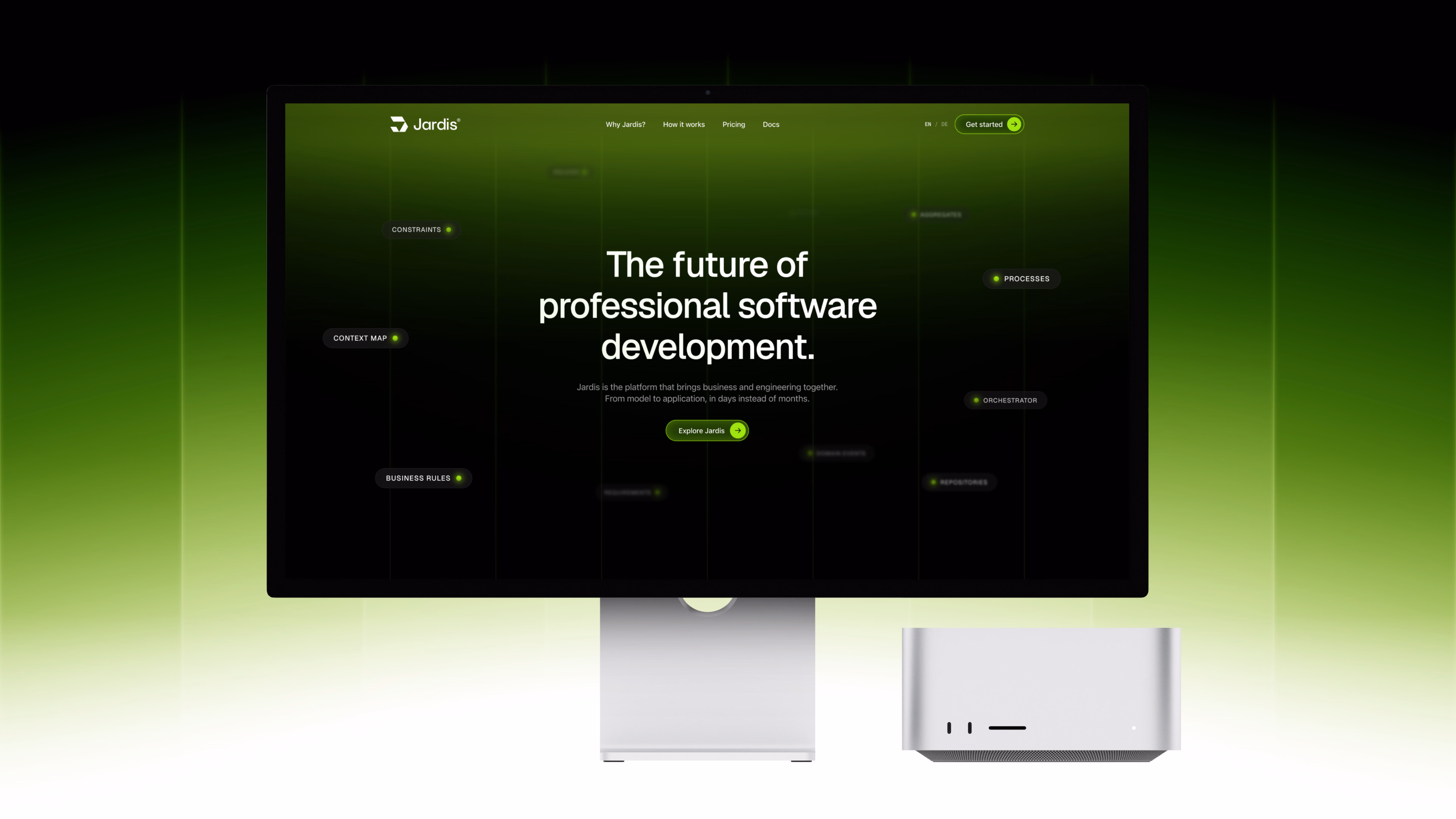 Die Jardis Website auf einem Studio Display, Headline „The future of professional software development“