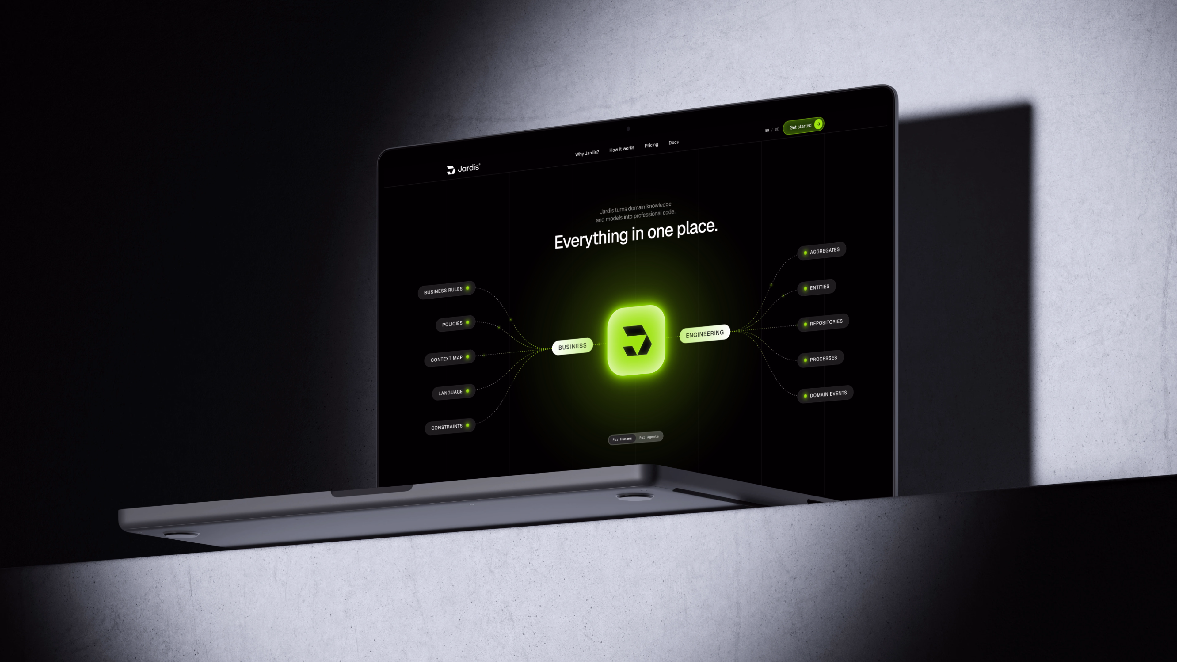 Die Jardis Website auf einem Laptop, Ansicht „Everything in one place.“