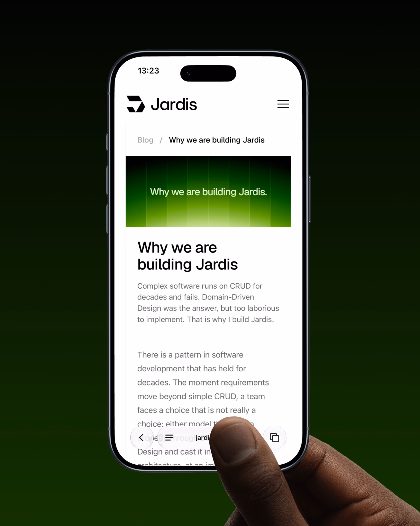 Der Jardis Blogartikel „Why we are building Jardis“ auf einem iPhone